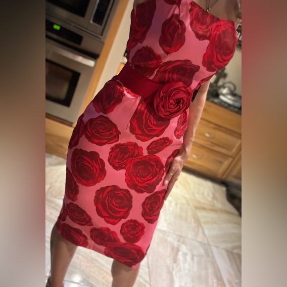 New York & Company Dresses & Skirts - Strapless Red Rose Print Dress with Belt